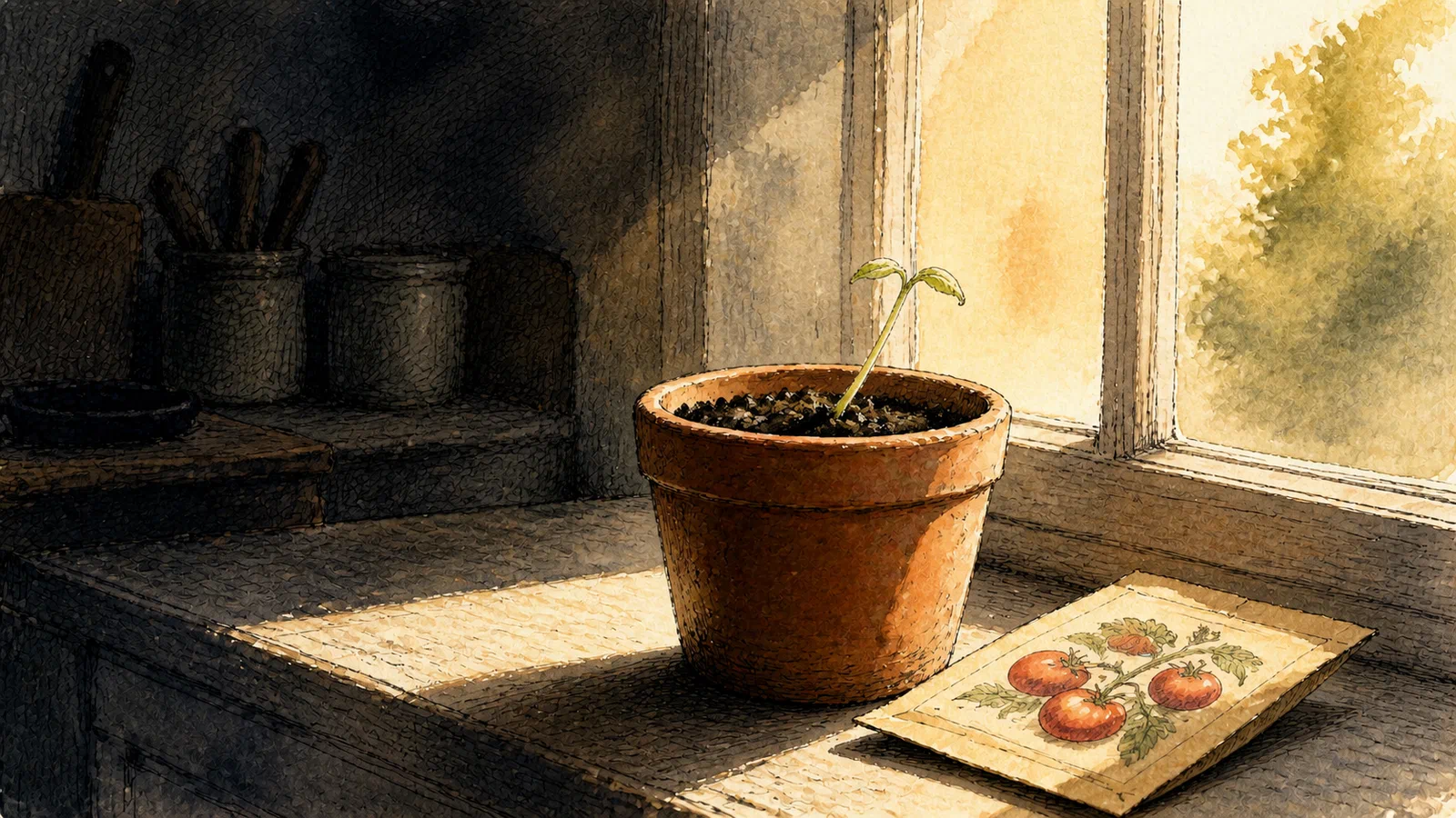 A tiny tomato seedling bends toward warm morning light from dark damp soil in a handmade terracotta pot on a quiet kitchen windowsill beside an unmarked seed packet illustrated with ripe red tomatoes.