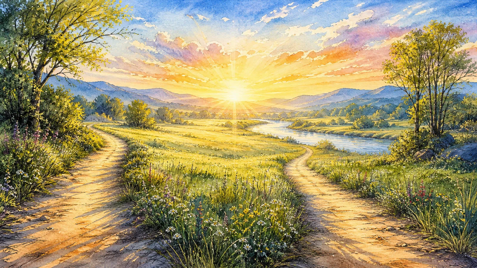 Two separate paths curve through a sunlit riverside meadow beneath the same golden sunrise.