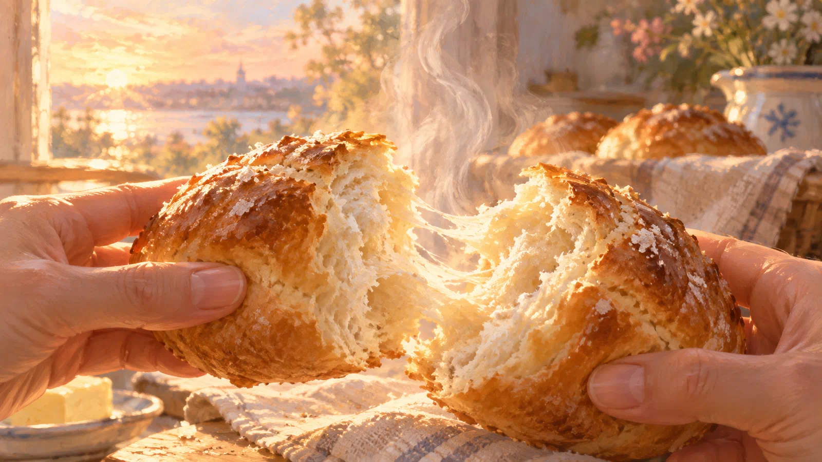 Two hands pull apart a steaming roll at a bakery table as sunrise glows through the window.