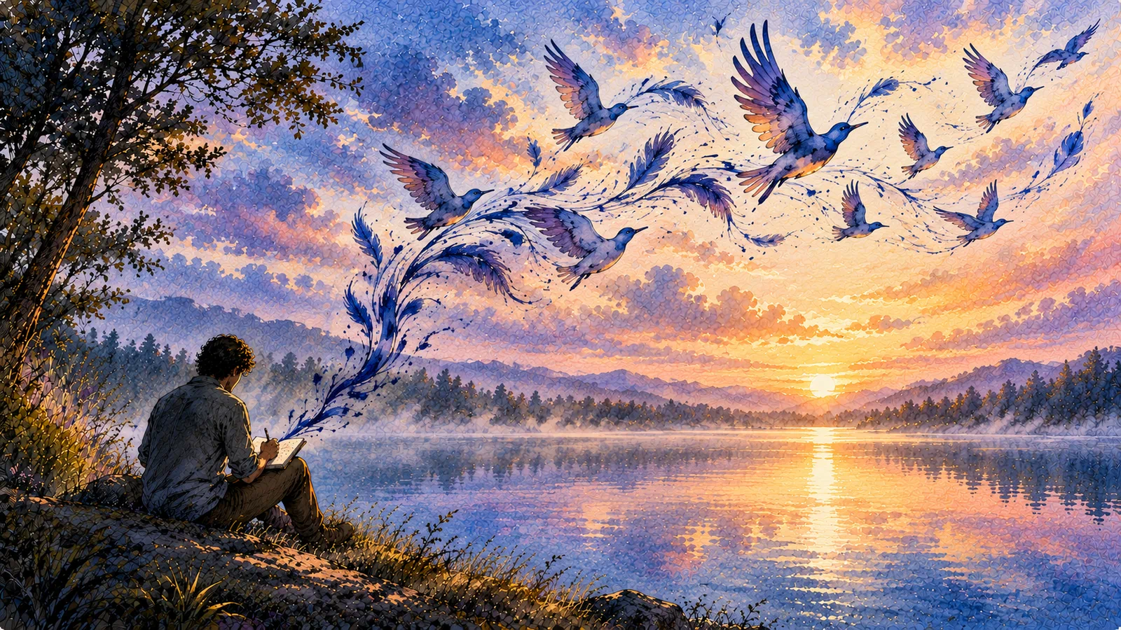 A solitary writer sits beside a tranquil lake while indigo ink rises from the notebook into feathered strokes and birds across a luminous violet and rose-gold sky.