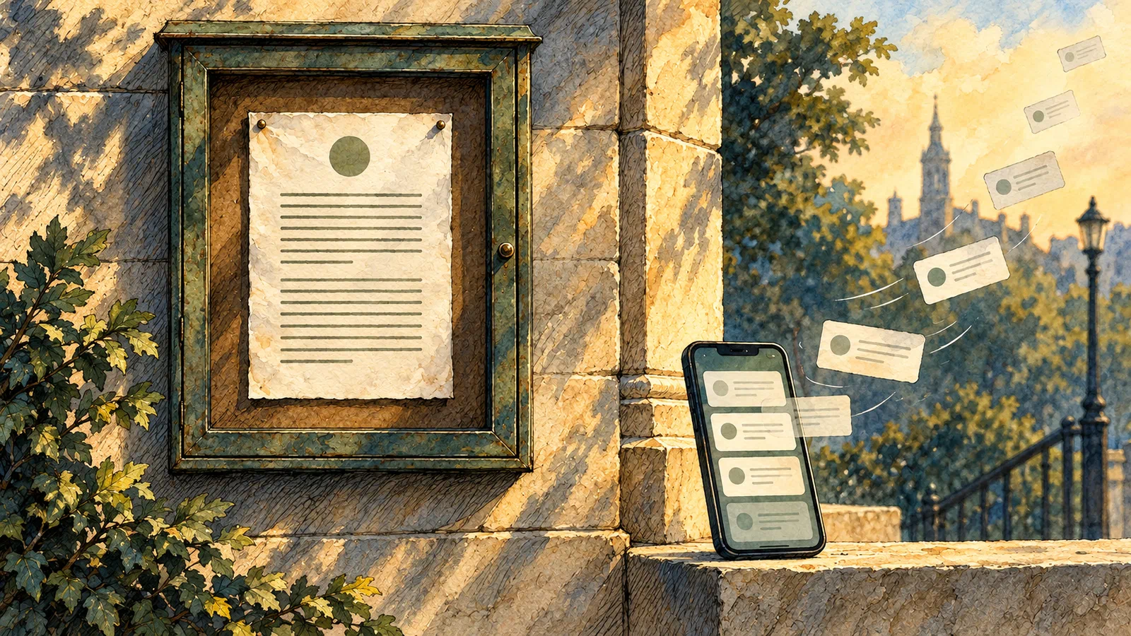 A paper notice remains pinned to a civic notice board while message cards drift off a phone screen.