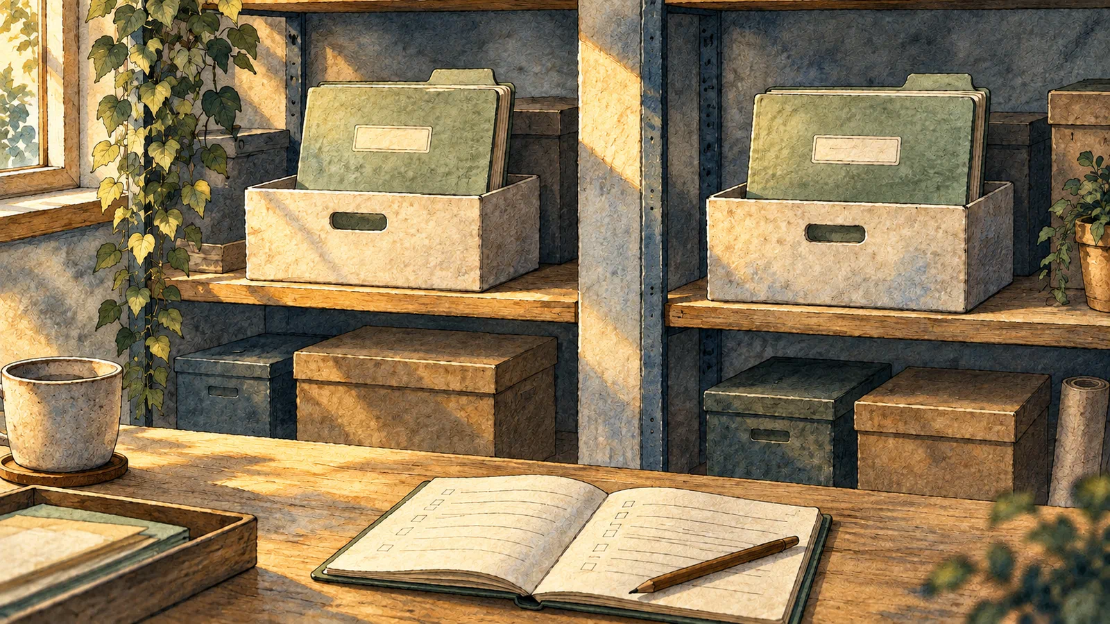 Matching document folders rest in separate storage boxes beside an open maintenance notebook.