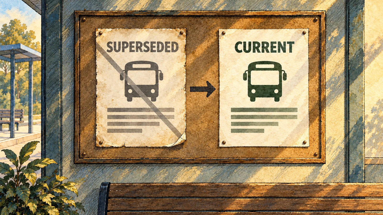 A superseded bus notice points to a current notice on the same board.