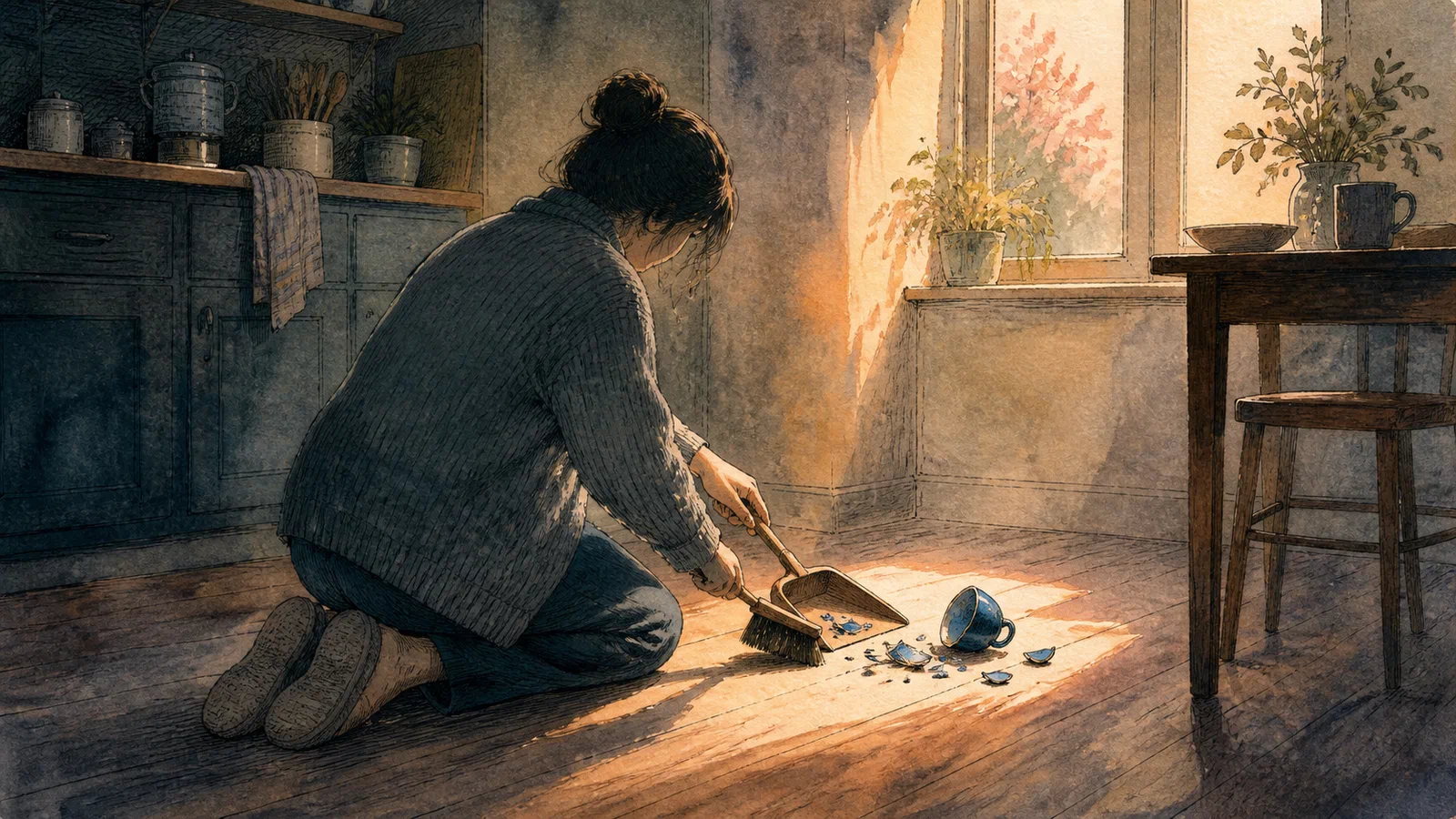An anonymous person kneels in a dawn-lit kitchen, calmly sweeping pieces of a broken blue ceramic cup into a small dustpan as warm light crosses the wooden floor.