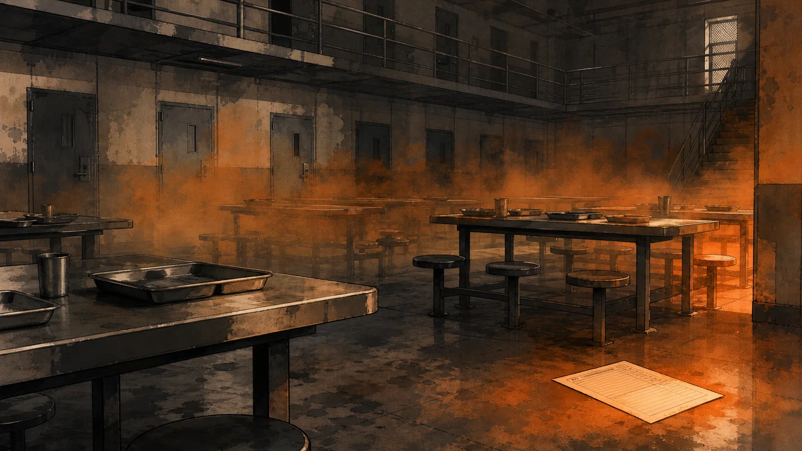 Editorial illustration of a detention lunchroom after a chemical agent release, with empty tables, orange haze, locked cell doors, and a report form on the floor.
