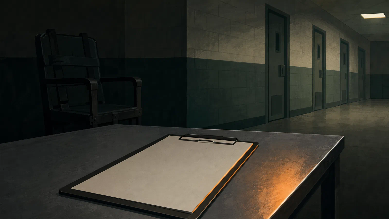 Editorial illustration of a clipboard labeled only by blank fields, a restraint chair in shadow, and detention doors receding into a corridor.
