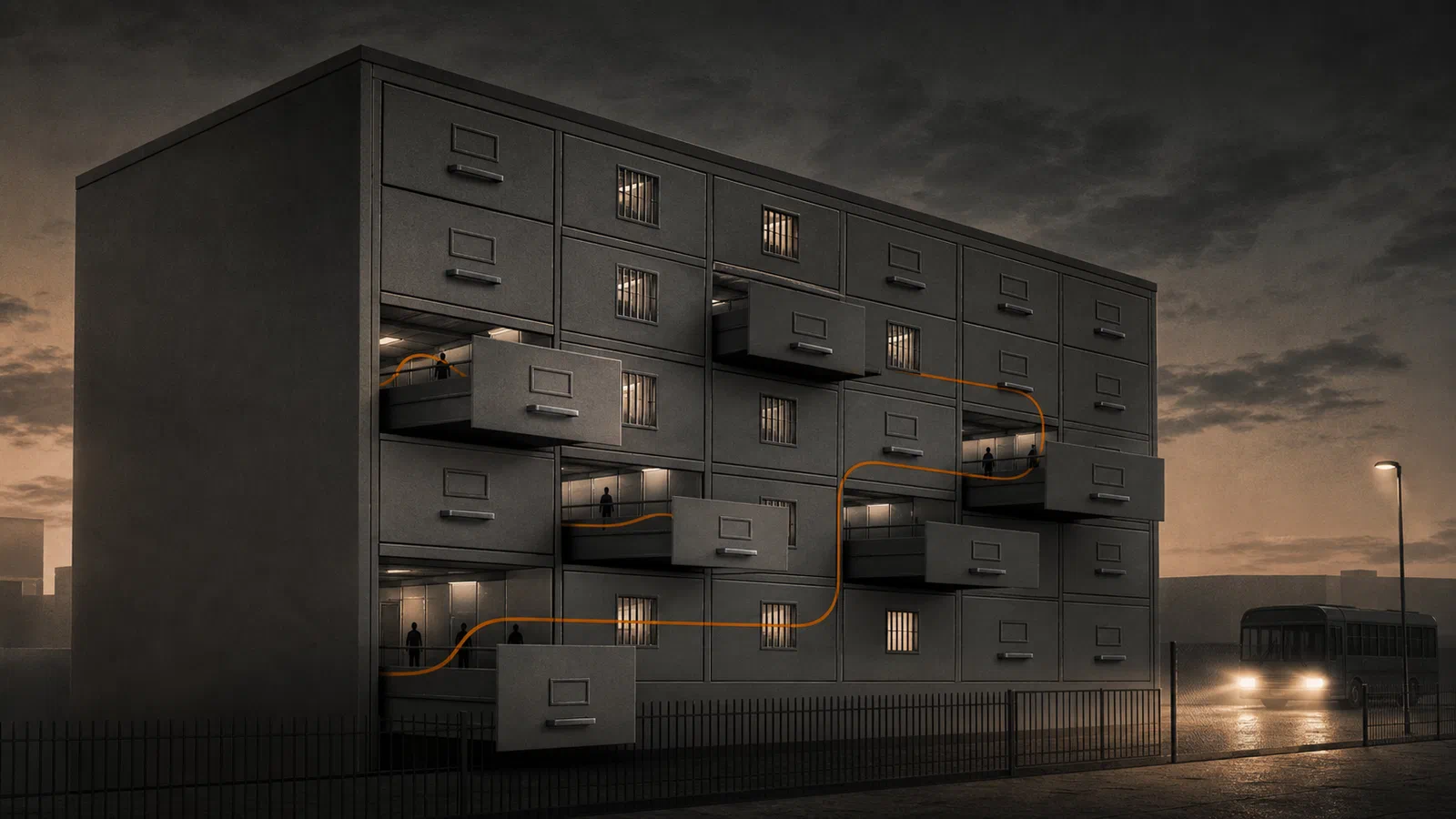 Editorial illustration of a civil detention facility drawn as a file cabinet with barred windows, bus lights outside, and a thin orange line moving through the drawers.