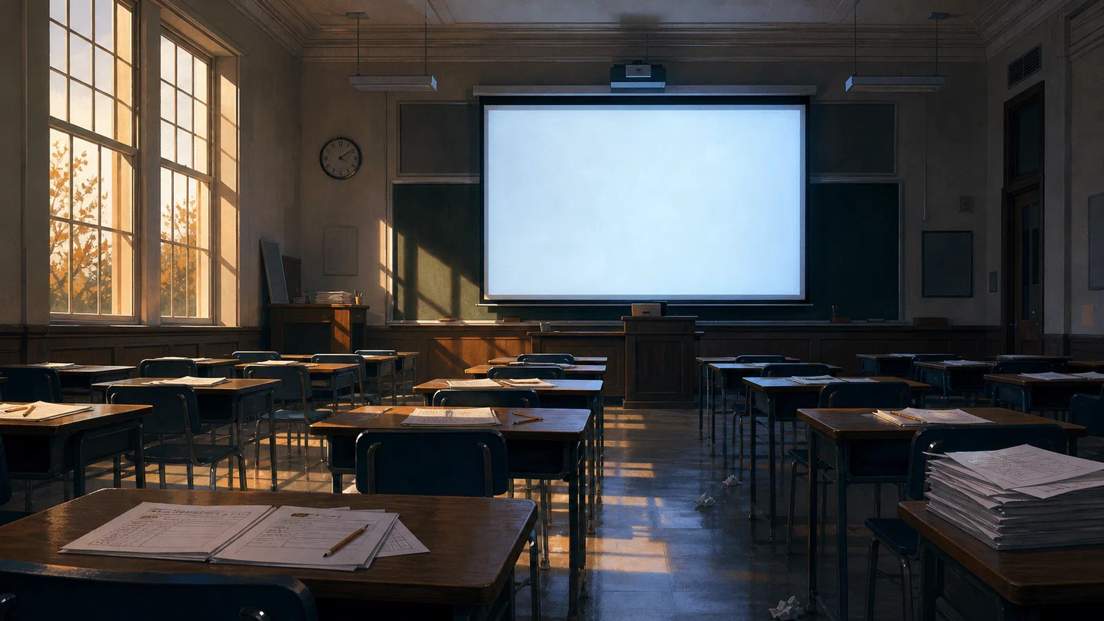 Editorial illustration of an empty university exam room lit by a blank learning-management login screen, with desks waiting during finals week.