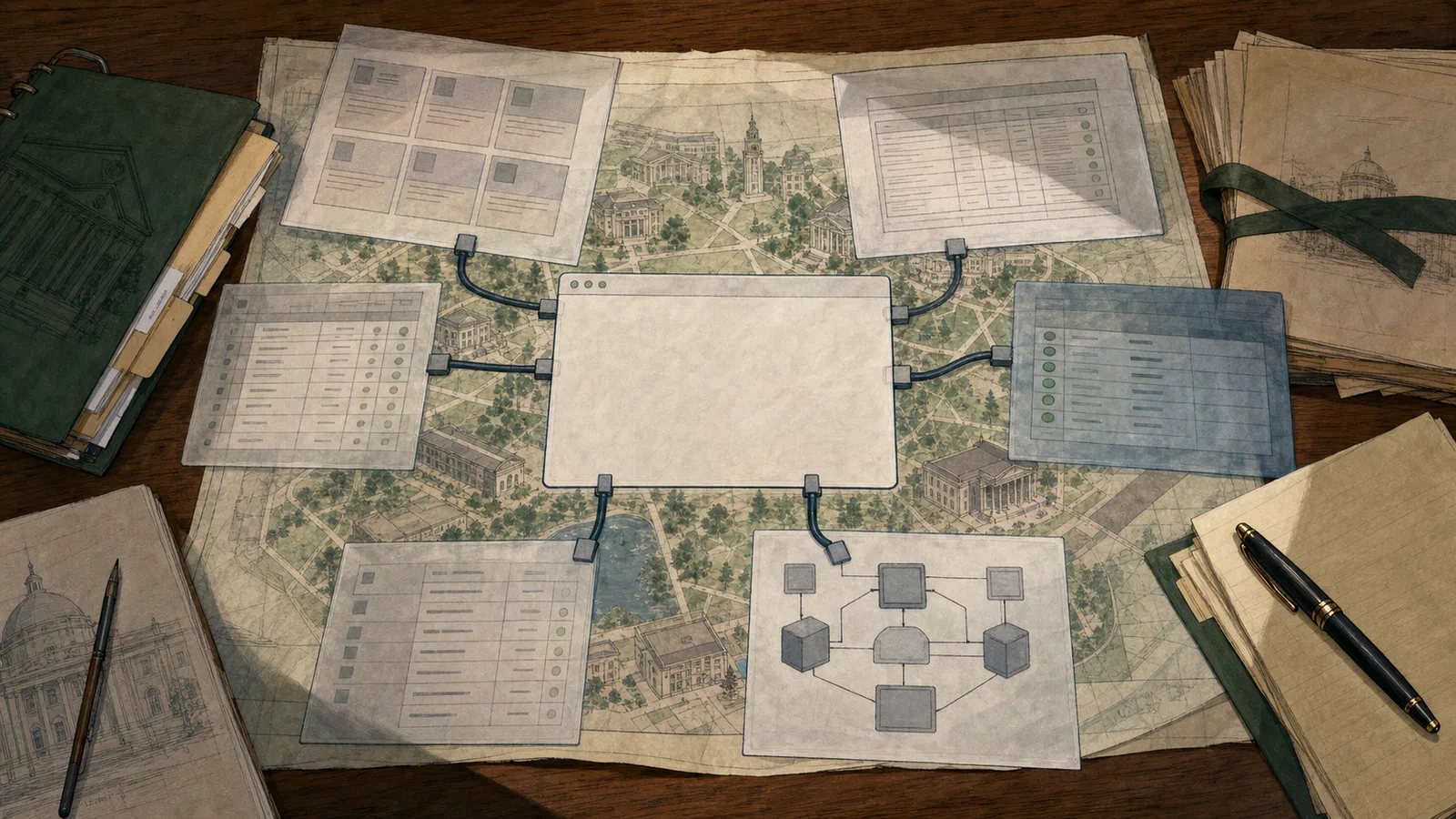 Editorial illustration of a campus map overlaid with a vendor status page, course tools, grading windows, and procurement papers.