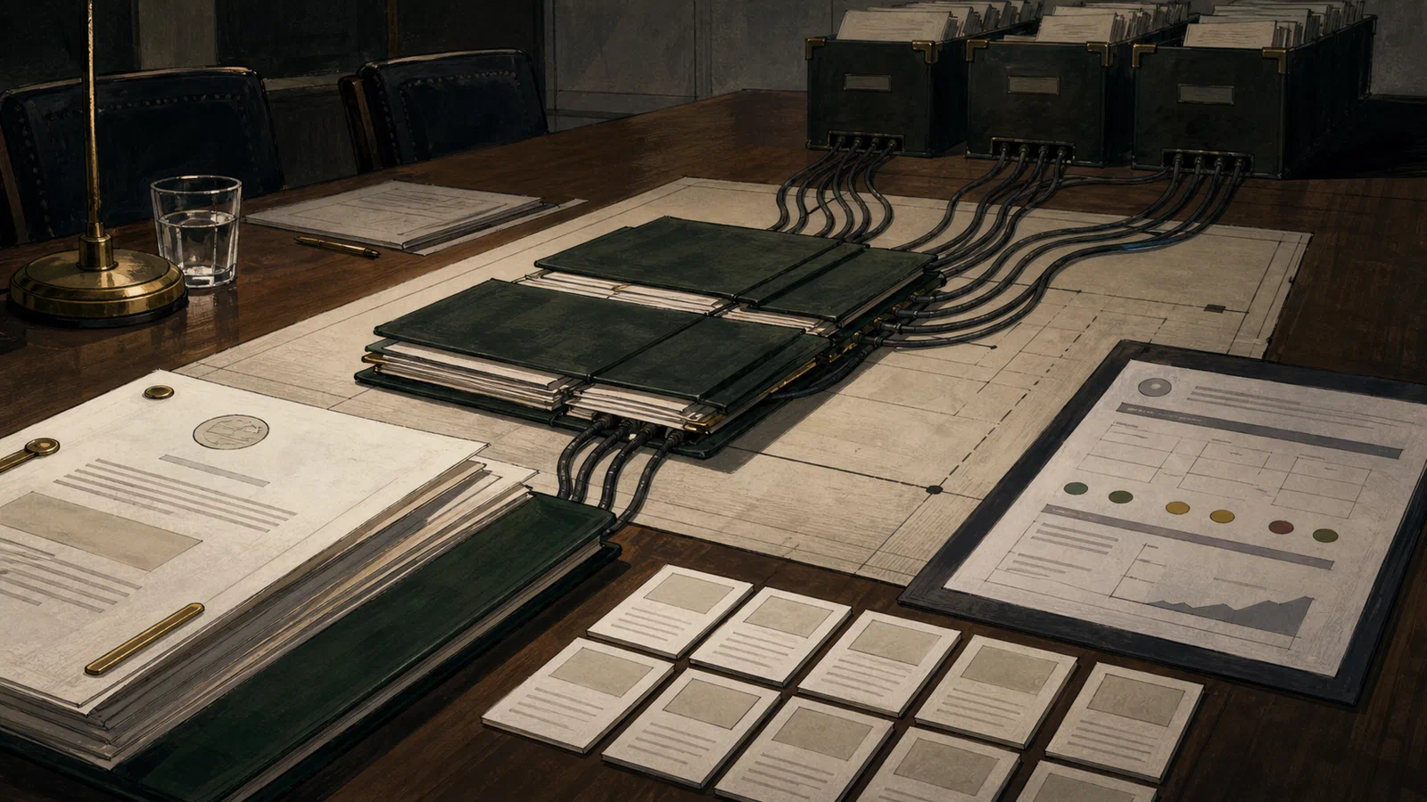 Editorial illustration of a public university board table, course tiles, and private-equity contract folders connected by cables.