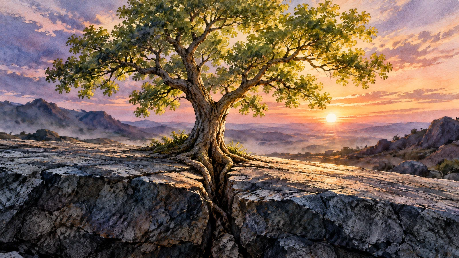 A mature tree grows from the same fractured stone slab, its roots following the crack and its branches spreading across a rose-gold and violet dawn sky.
