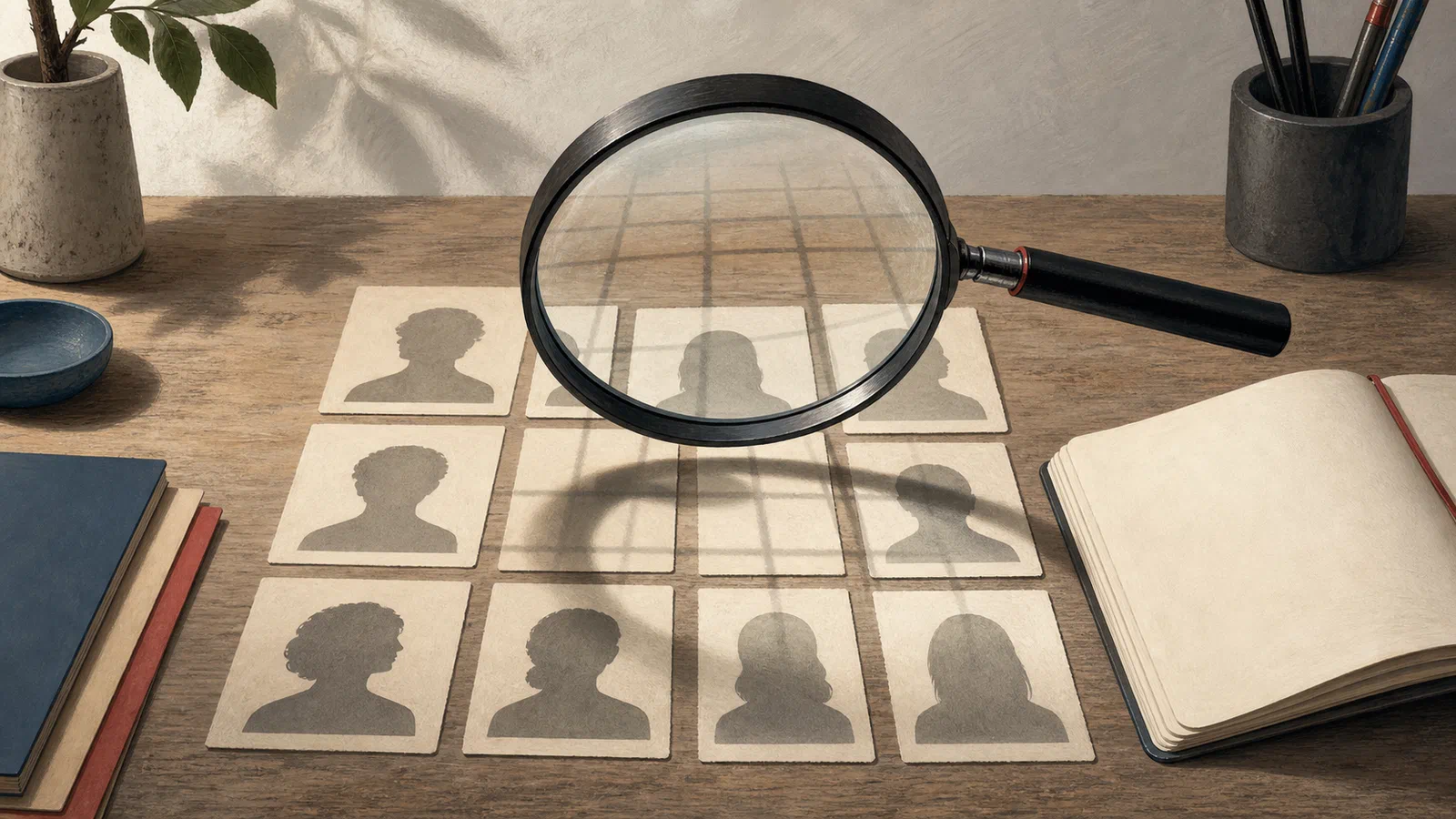 A magnifying lens over blank silhouette cards with faint category lines on a quiet study table.