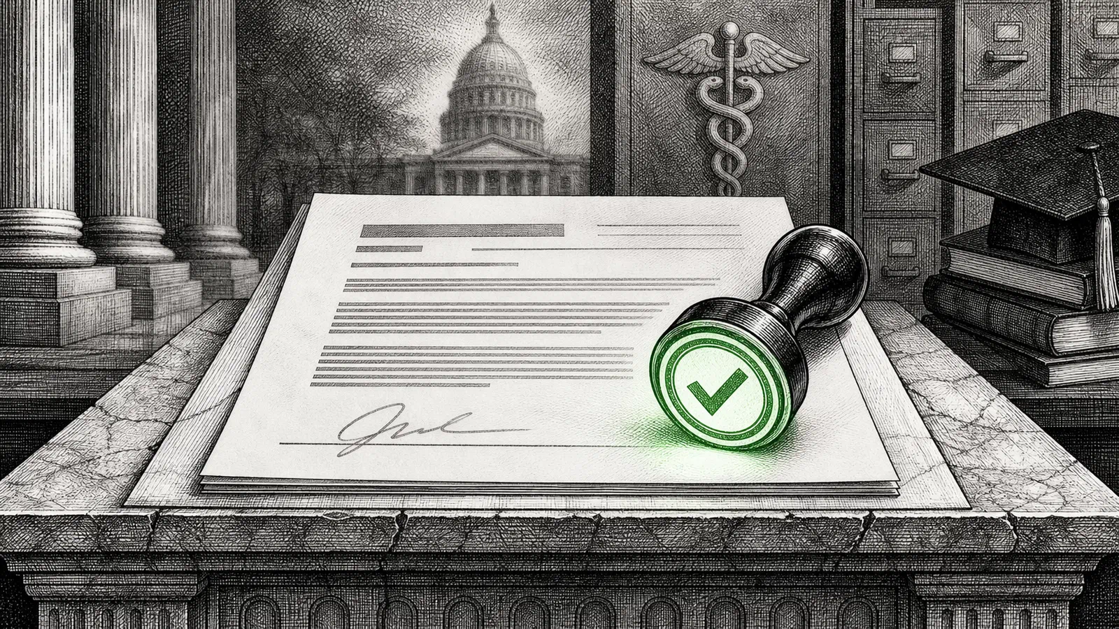 A stamped consent form rests on a civic altar with a green approval mark, columns, files, and institutional symbols behind it.