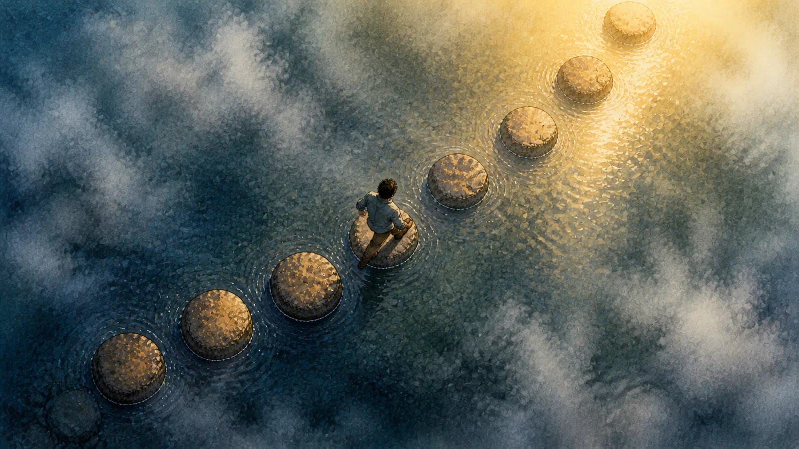 A bird’s-eye view shows an anonymous figure in a rolled-sleeve gray shirt and brown trousers crossing stepping stones through misty blue-green water toward golden light.