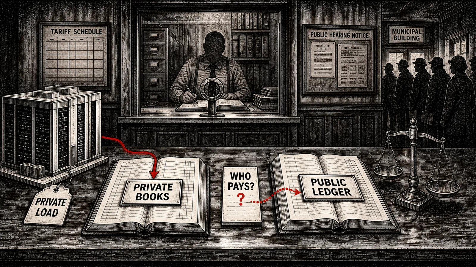 A municipal accounting table shows a private load, private books, a public ledger, and a form asking who pays while citizens wait.