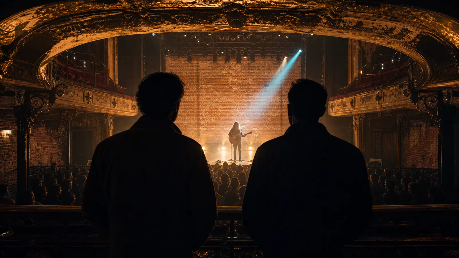 Two anonymous men in silhouette watch a lone guitarist perform against an exposed brick wall inside a worn old theater.