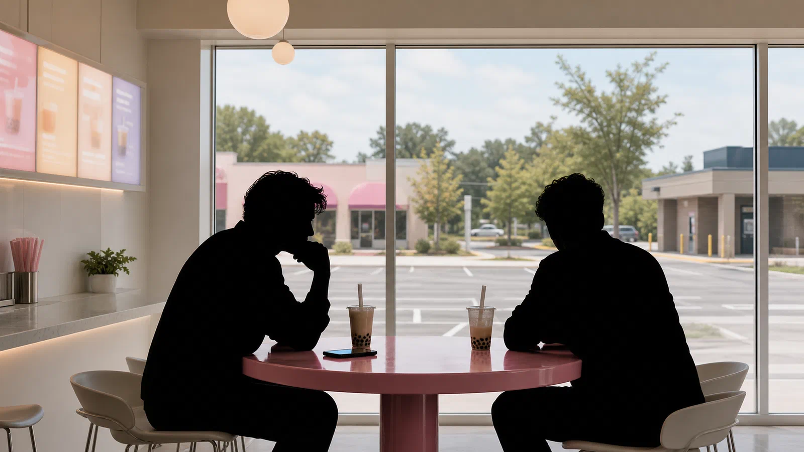 Two men in silhouette sit at a pink boba shop hightop in front of a large window.