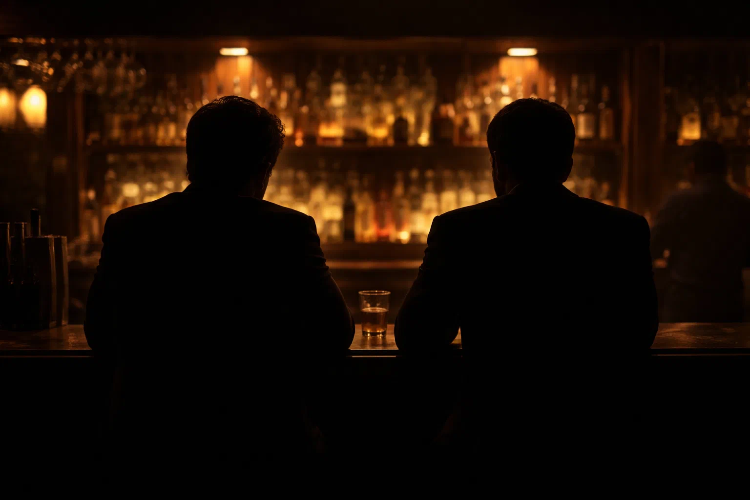 Two men in silhouette sit at a bar facing a wall of backlit bottles.