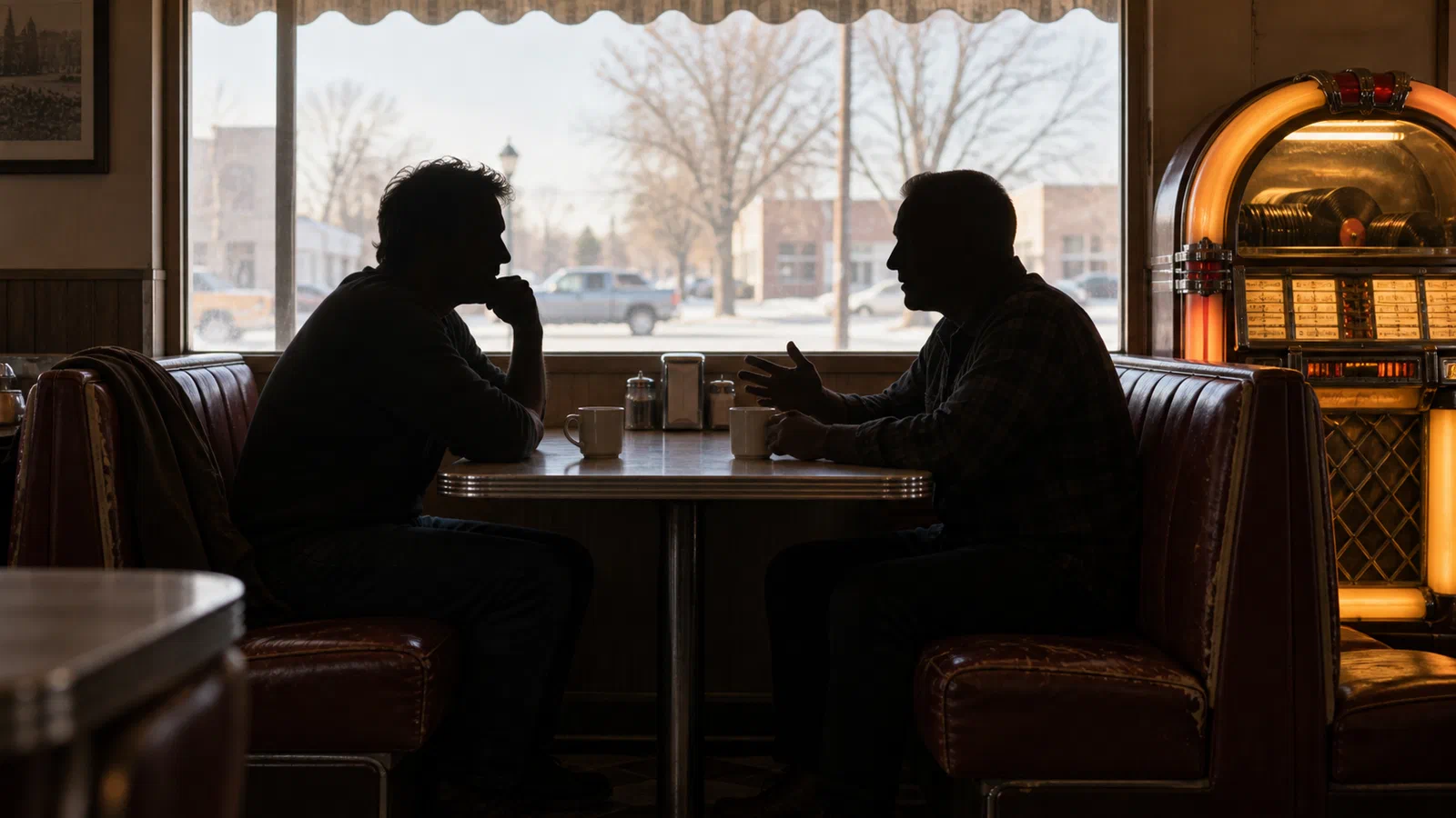 Two men sit in silhouette across a diner booth with coffee cups between them and an amber jukebox glowing beside the window.