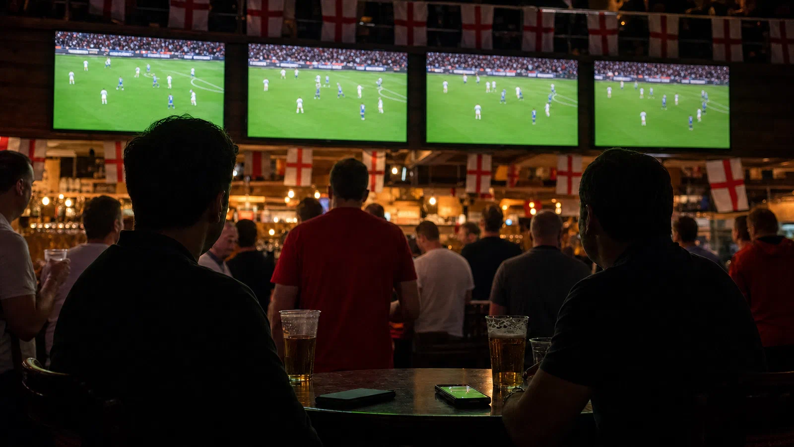 Two men sit at a crowded sports bar beneath four football broadcasts, each screen showing the same match at a slightly different moment.