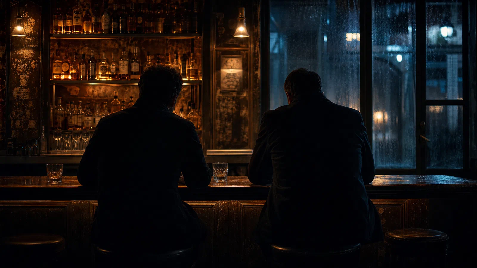 Two anonymous men in silhouette sit side by side at a warmly lit bar on a rainy night.