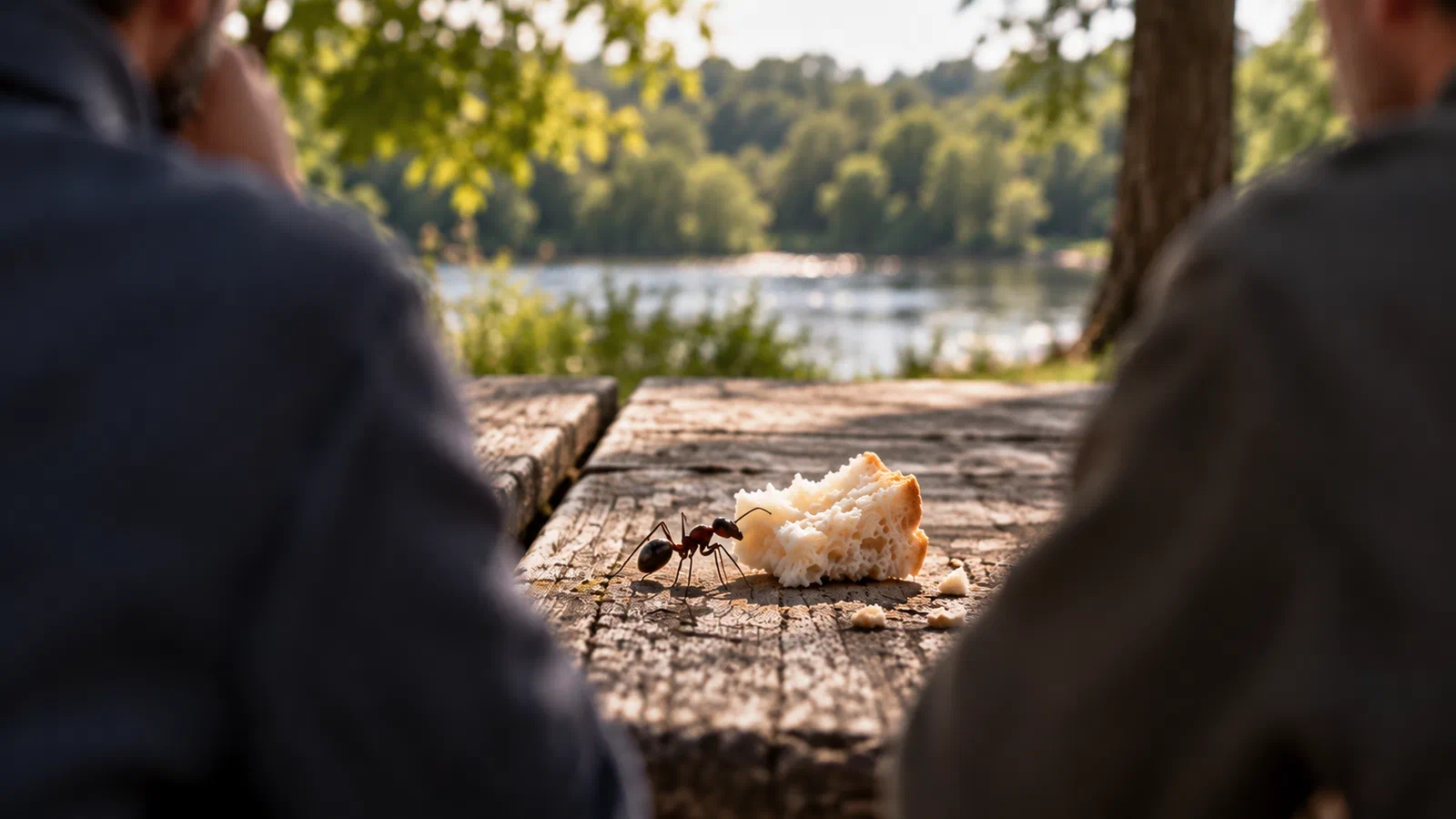 An ant stands beside a torn piece of bread on a weathered picnic table, framed by two men seen from behind as dark, blurred foreground silhouettes, with a river and trees beyond.