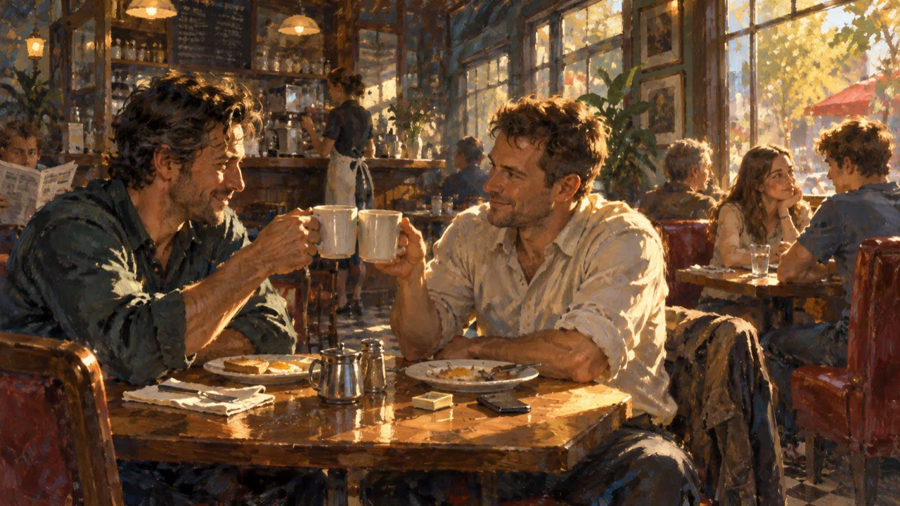 A painterly café scene shows two men touching coffee mugs over breakfast in warm window light, with a young couple talking at a nearby table.