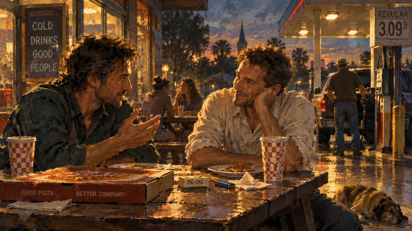 A painterly dusk scene shows two men eating pizza at a picnic table beside a gas station, with rolling papers on the table, a man at a pump, and a dog resting nearby.