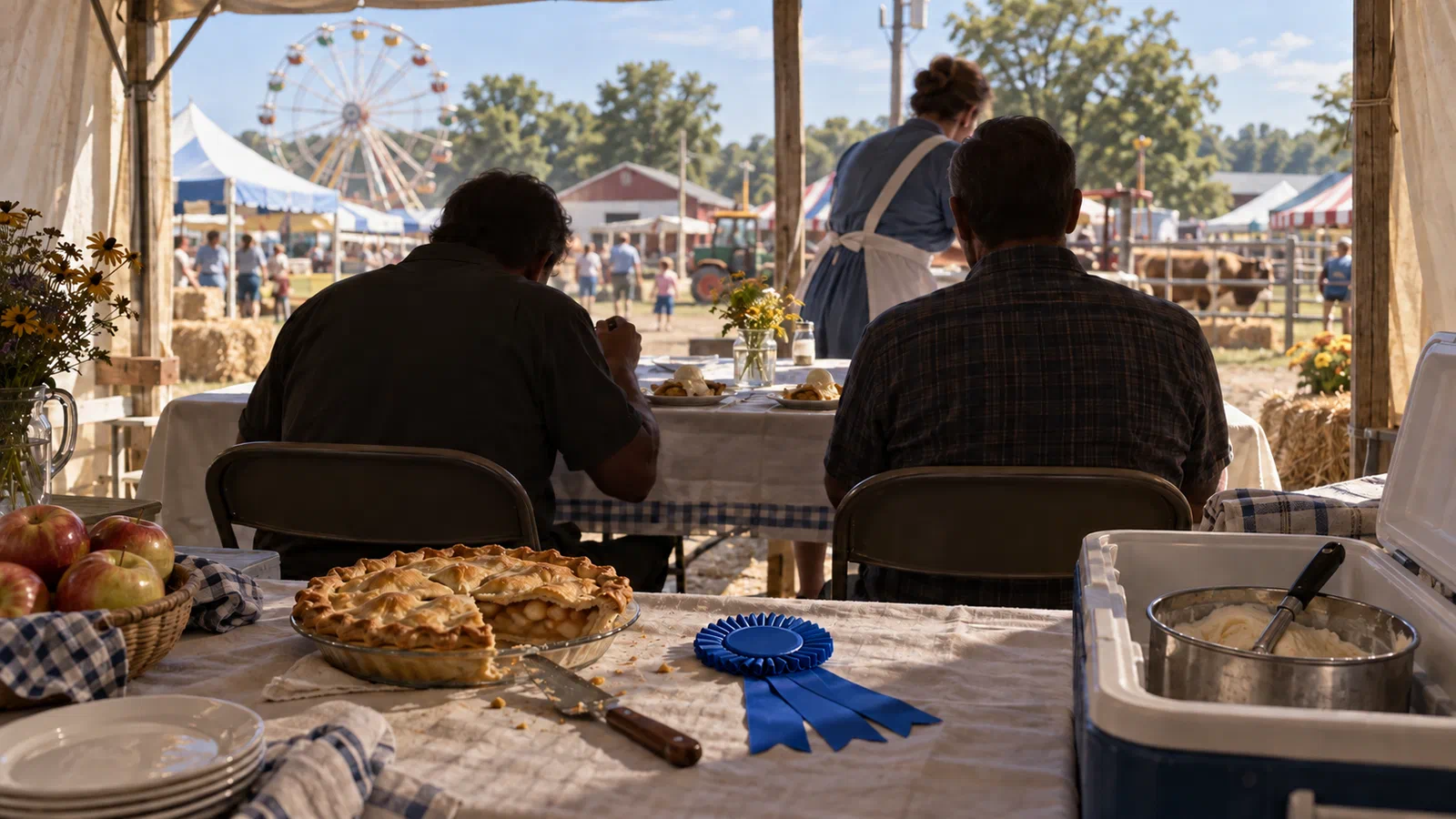 Two men seen from behind eat pie beneath a county-fair tent while a woman in a blue dress and white apron serves them; a cut apple pie, plain blue prize ribbon, and open ice-cream cooler fill the foreground, with a Ferris wheel beyond.