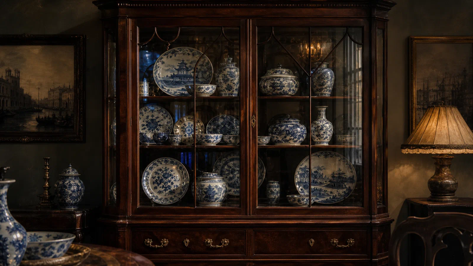 Editorial illustration of an antique glass-front cabinet filled with blue-and-white porcelain in a dim domestic room.