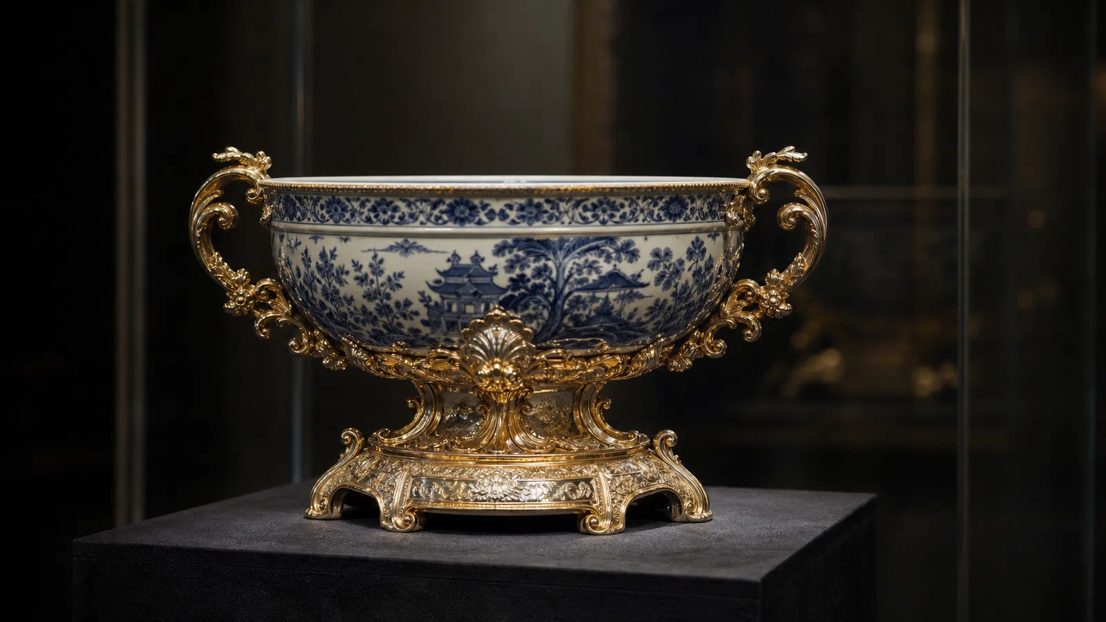 Editorial illustration of a blue-and-white porcelain bowl transformed into a treasure object by ornate gilt mounts.