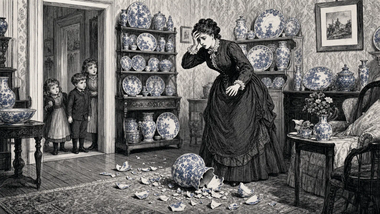 Editorial illustration of a Victorian parlor crowded with blue-and-white porcelain after a vase breaks on the floor.