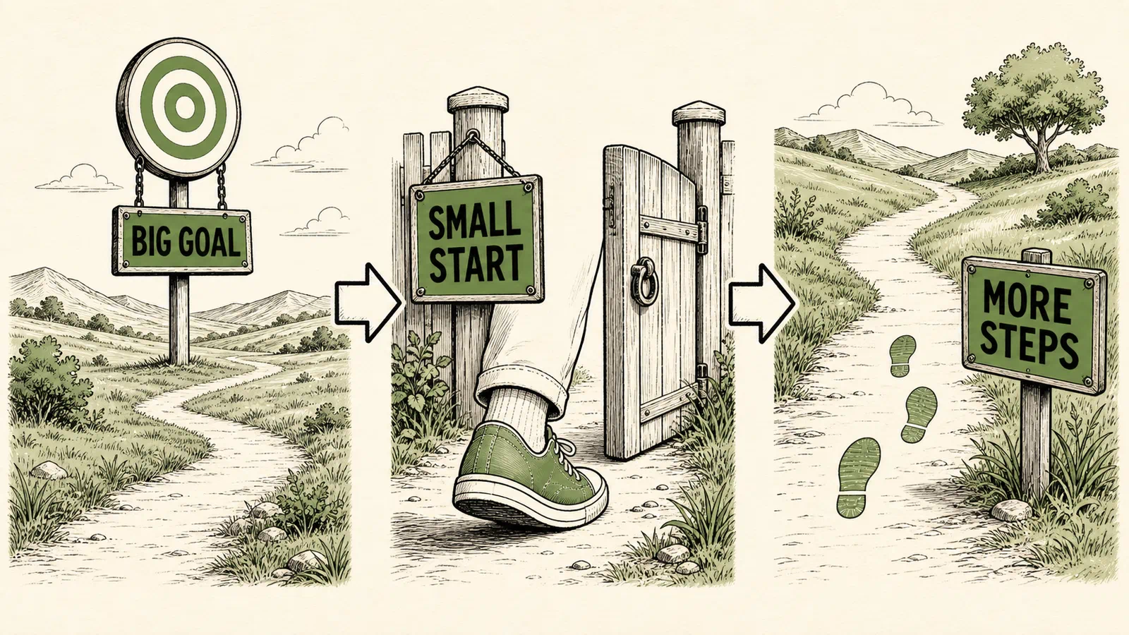 Infographic showing a big goal leading to a small start and more steps.
