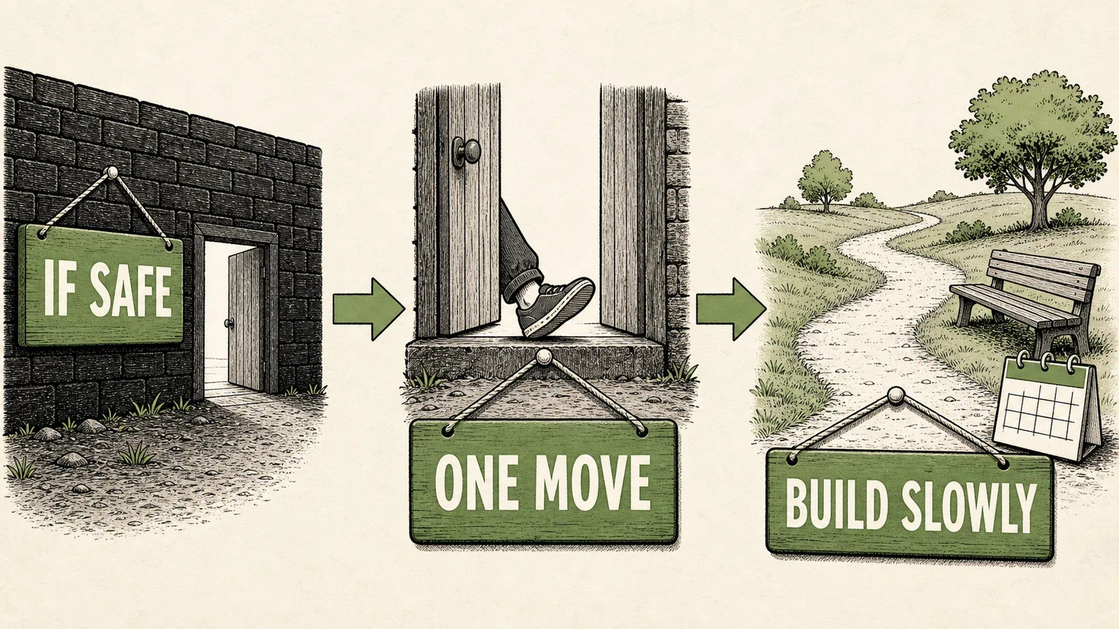 Infographic showing IF SAFE, then one move, then build slowly.