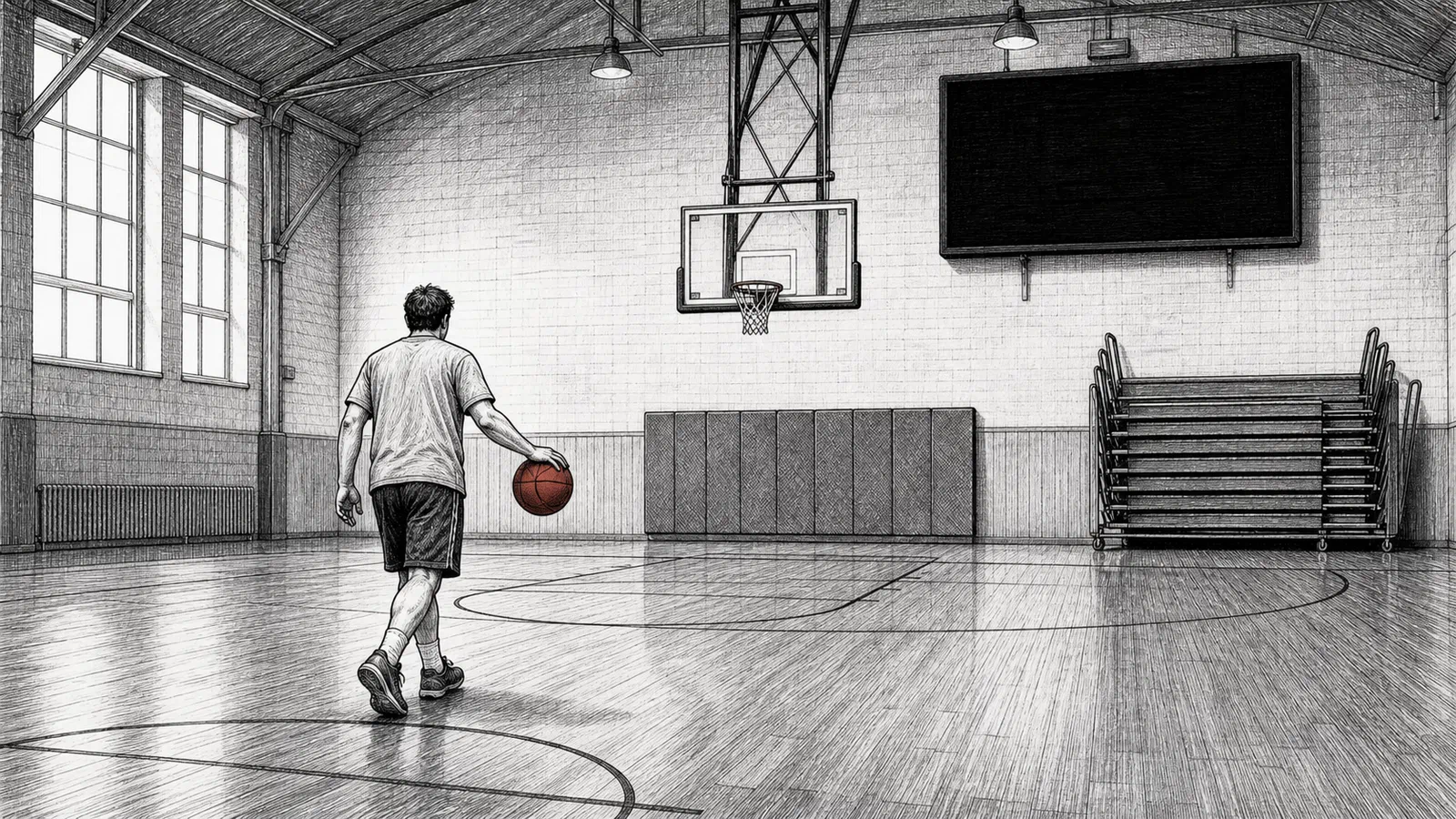 An anonymous adult walks a basketball toward a hoop in an empty community gym beneath a blank, dark scoreboard and empty bleachers.
