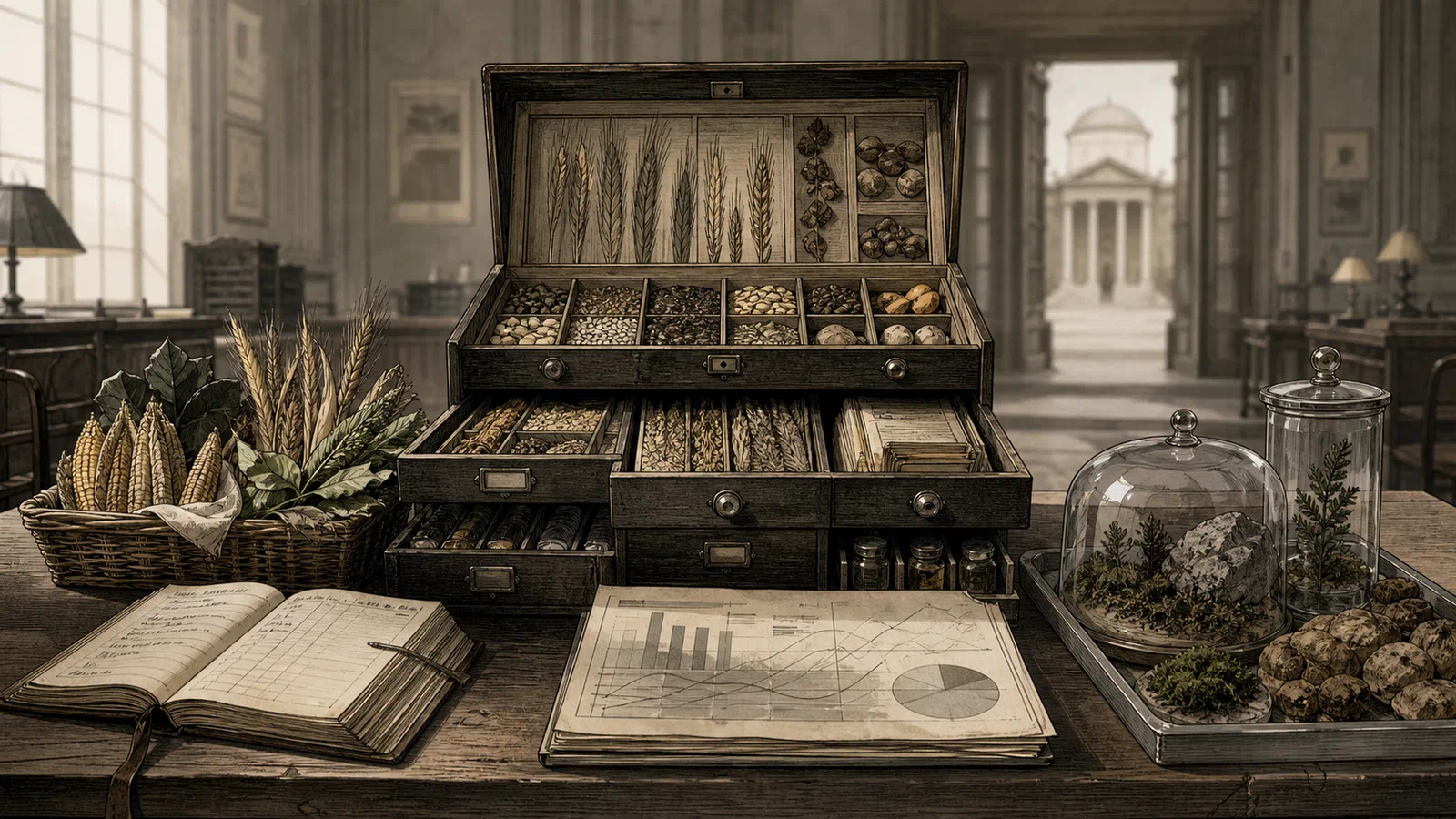 A cabinet of crops, ledgers, ecological specimens, and civic forms arranged as one risk-management archive.