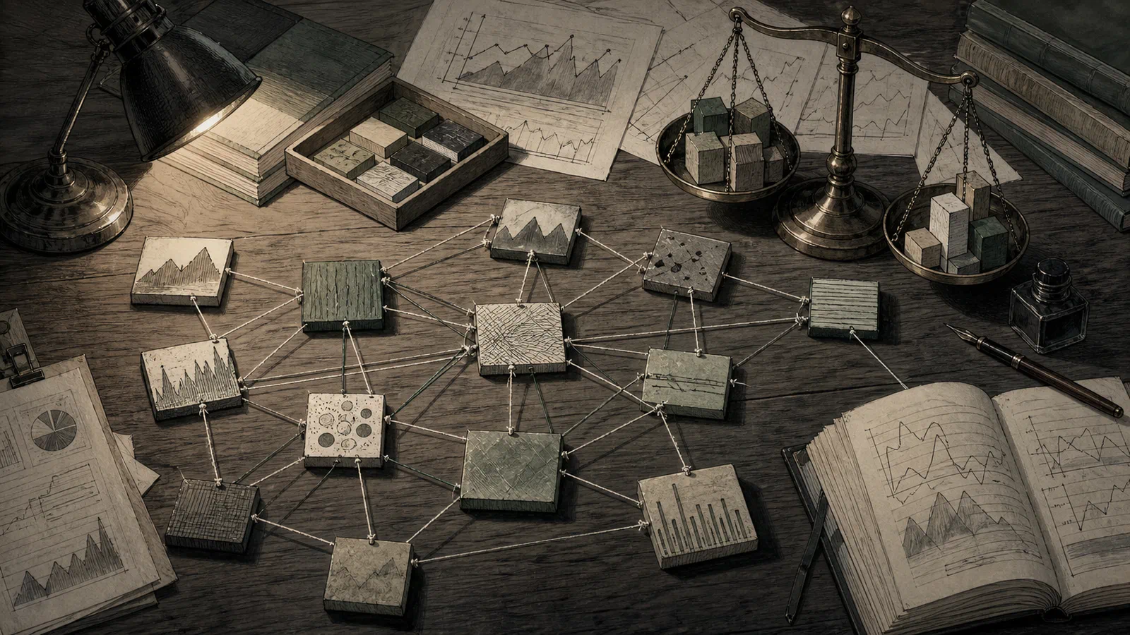 A portfolio table where imperfectly linked asset tiles are connected by measured threads.