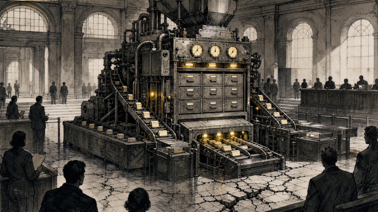 An institutional sorting machine converting civic judgment into uniform statistical tiles.