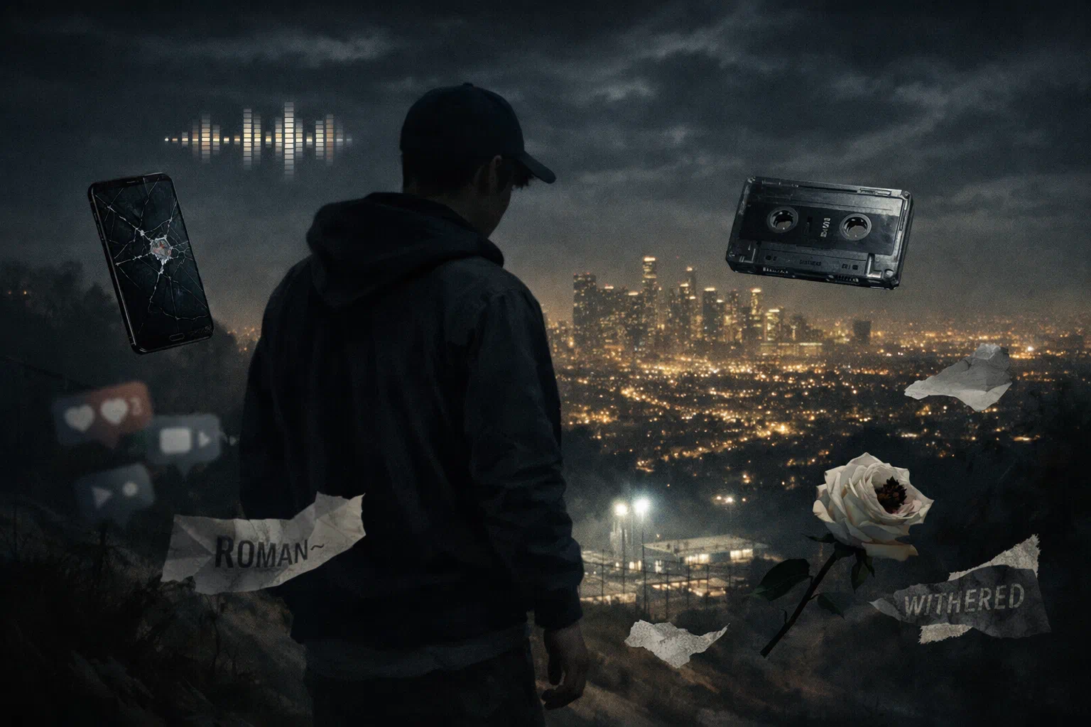 A lone young figure overlooking Los Angeles at night, surrounded by fragments of music culture and torn scraps suggesting fame, loss, and suspicion.