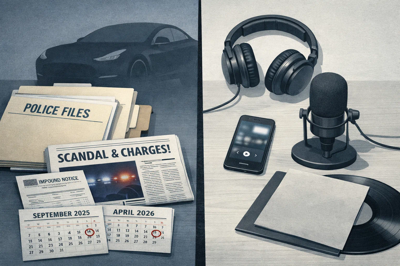 A split composition showing police files, a Tesla, calendars, and an impound notice on one side, and music gear, a microphone, headphones, and a record sleeve on the other.