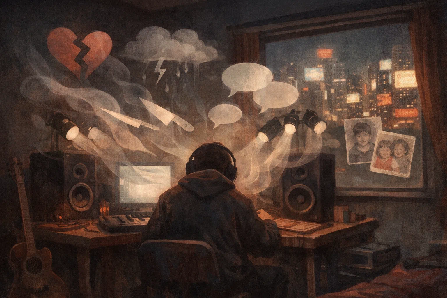 A solitary musician in a dim bedroom studio while symbolic shapes drift through the room, including a broken heart, storm cloud, speech bubbles, and childhood photos by the window.