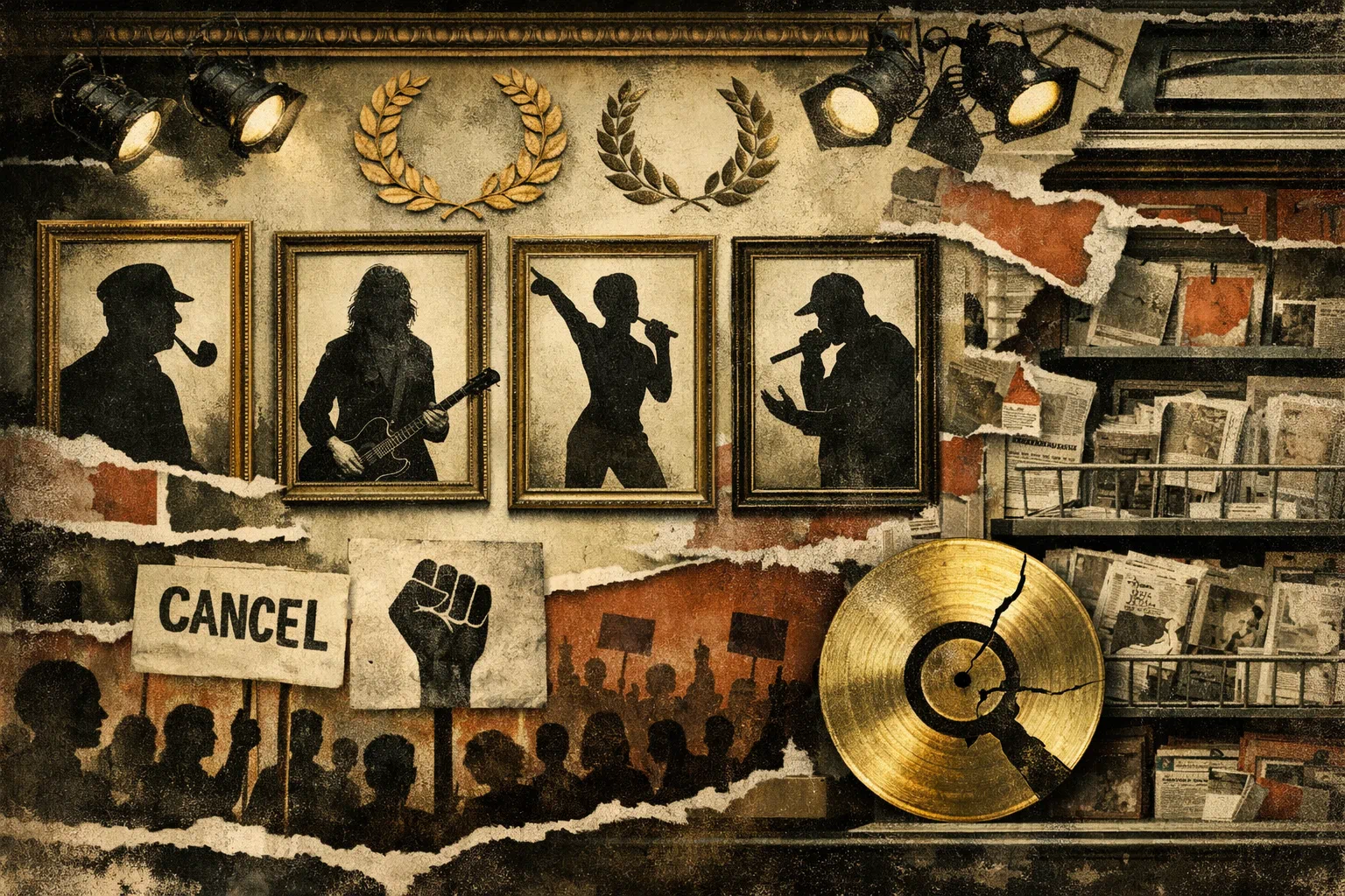 A collage of framed artist silhouettes, protest imagery, a cracked gold record, and visual signs of condemnation and canonization layered together.