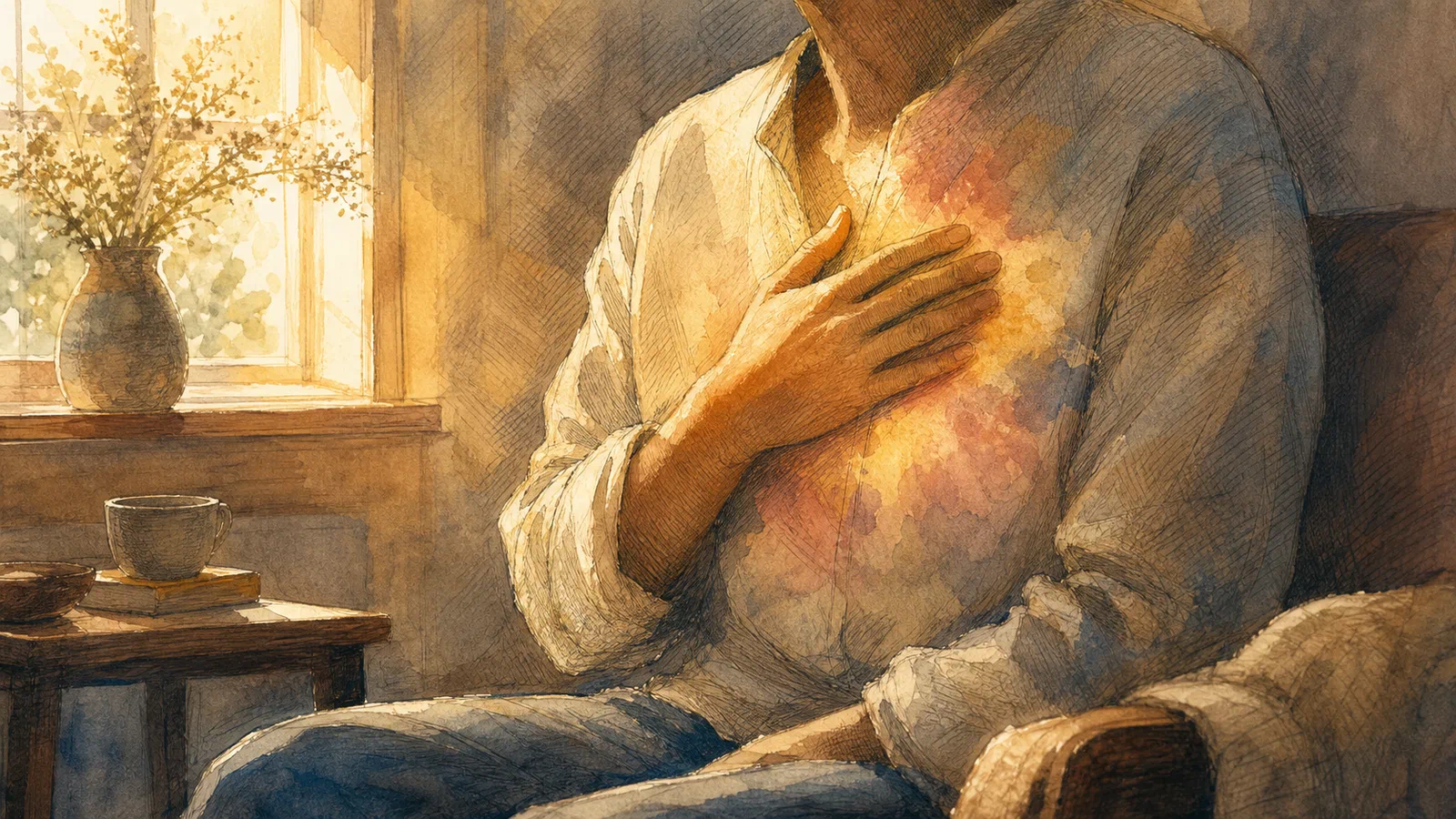 An anonymous seated person rests one hand over the heart in warm morning light beside a window.