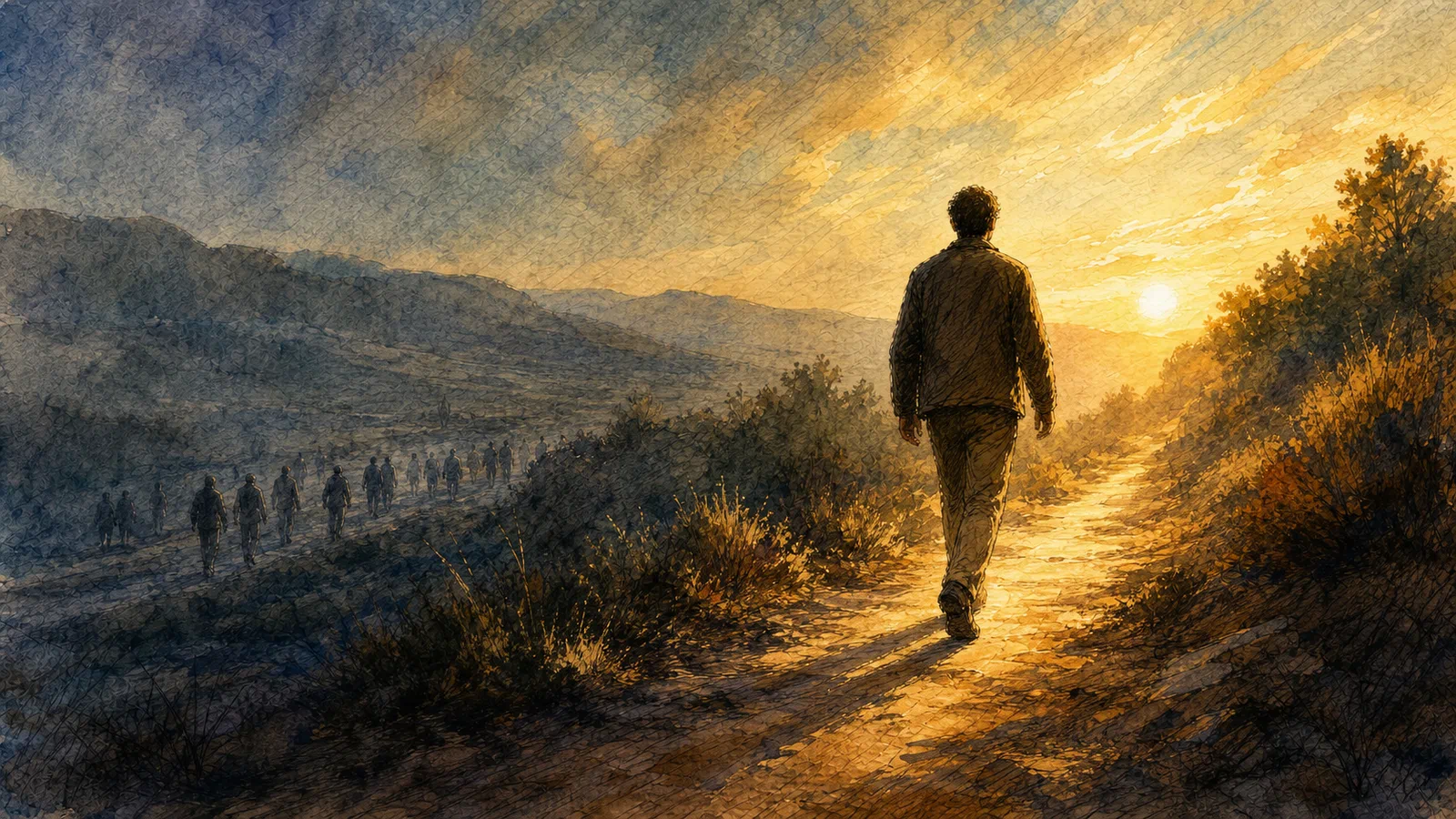 An anonymous man walks alone toward warm morning light while a distant muted crowd moves in the opposite direction.