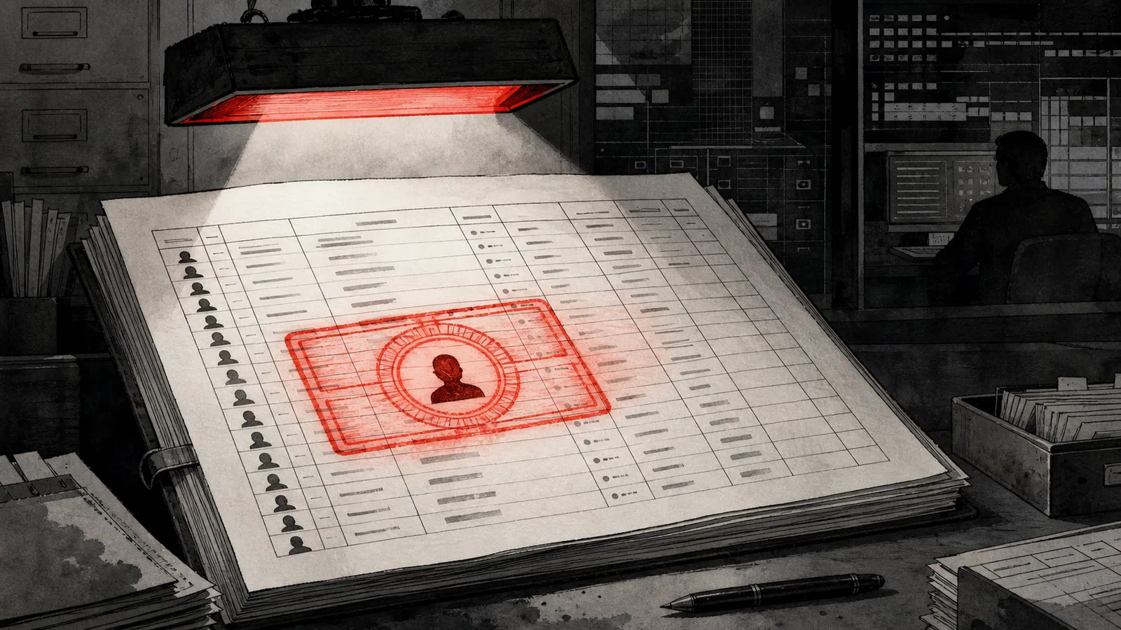 Editorial illustration of a voter registration ledger under a cold database light, with one record marked for verification.