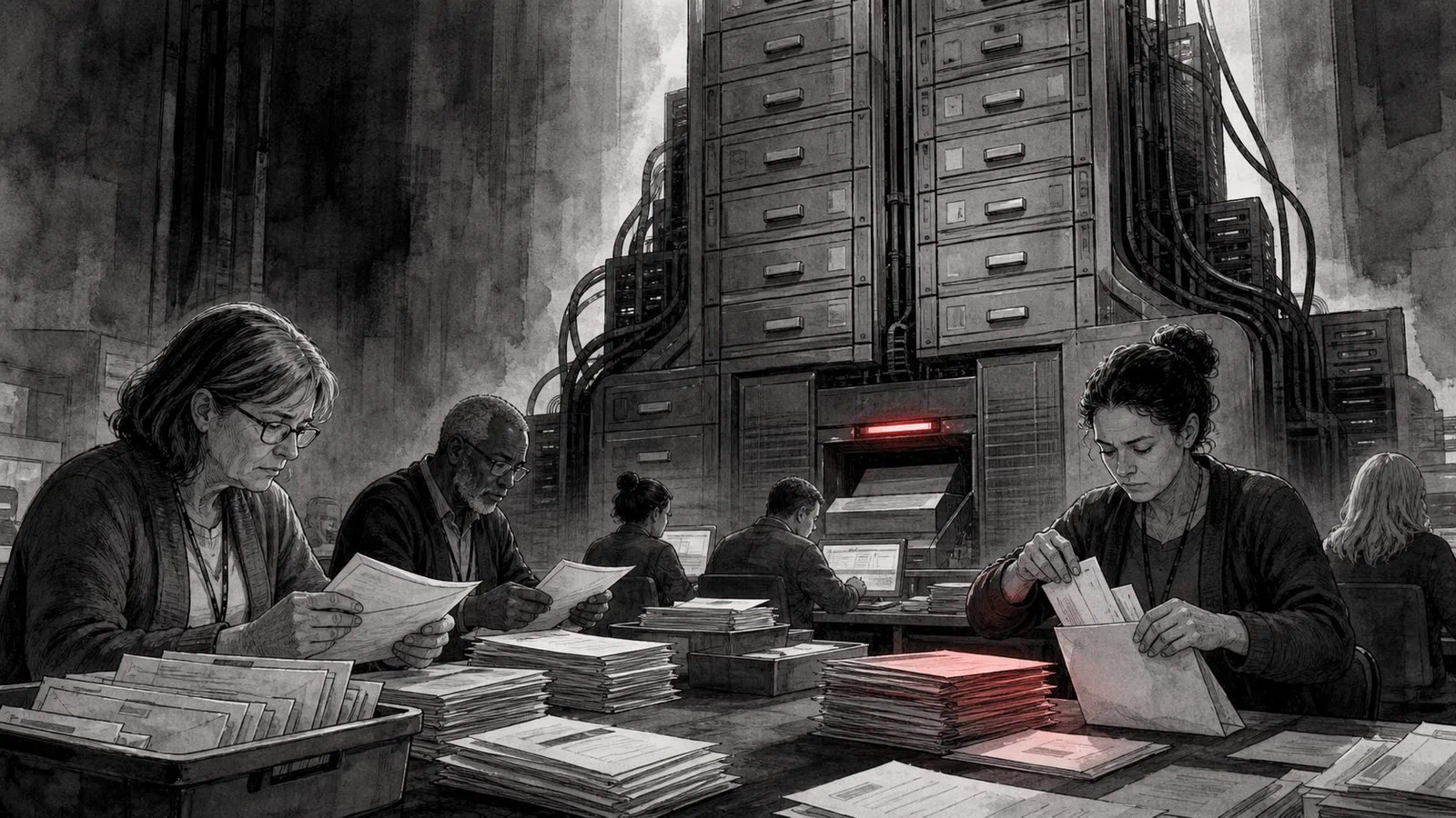 Editorial illustration of county election workers sorting notices beside a large federal data terminal.