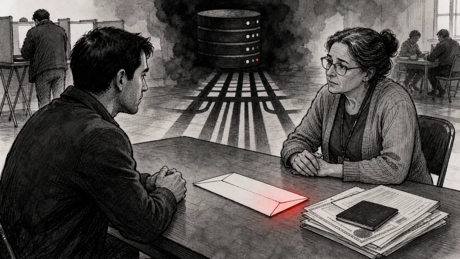 Editorial illustration of a polling-place table with a voter, a clerk, citizenship papers, and a verification file.