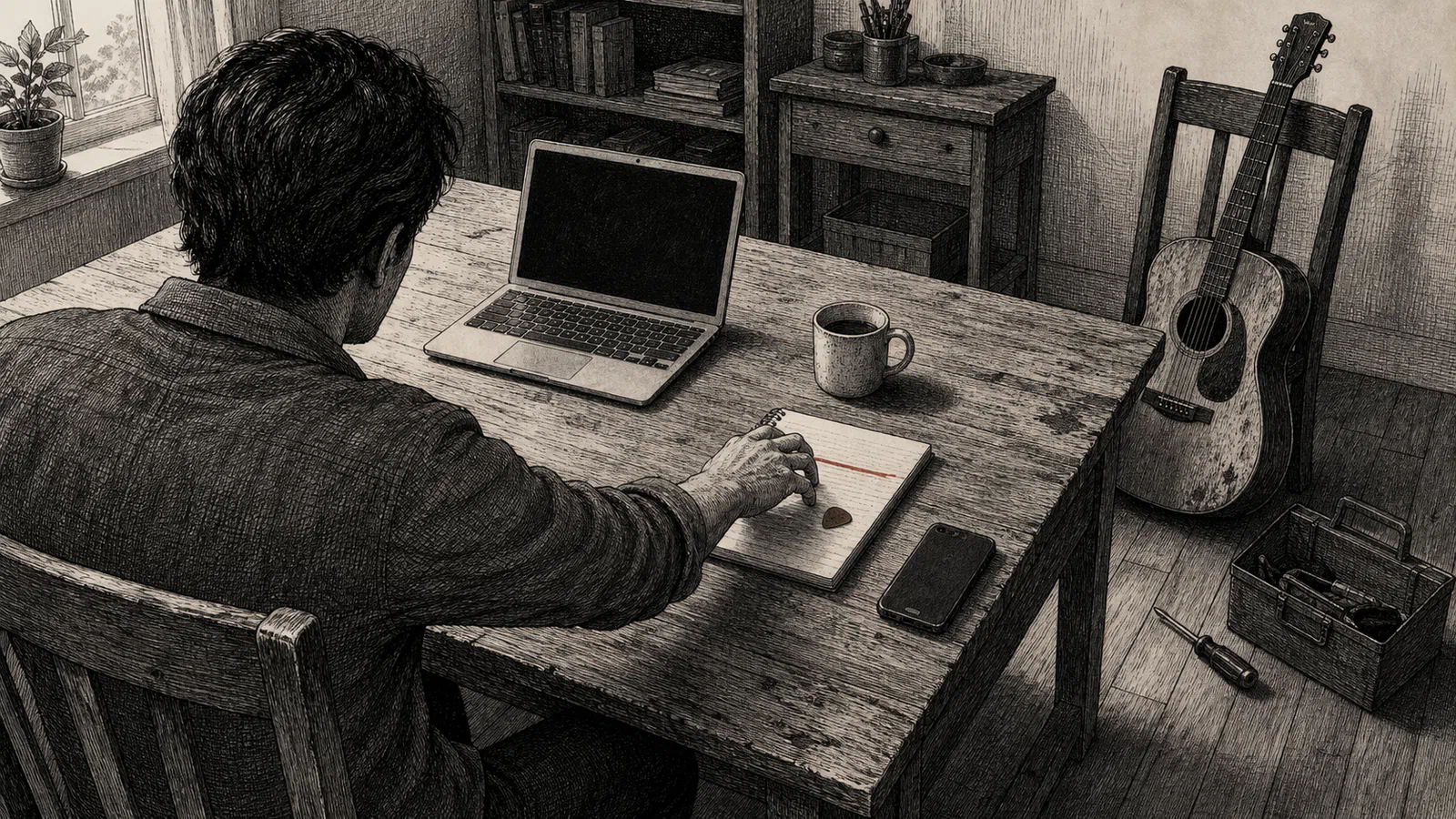 An anonymous adult turns a screwdriver beneath a kitchen chair while an older laptop and a worn guitar rest nearby.