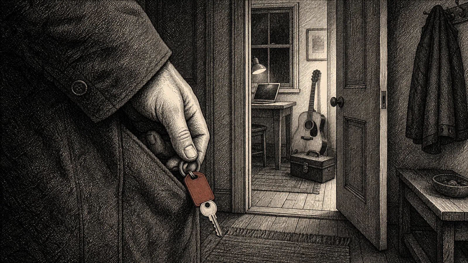 An anonymous adult closes a face-down phone beside a handwritten page, an older laptop, and a guitar pick on a small worktable.