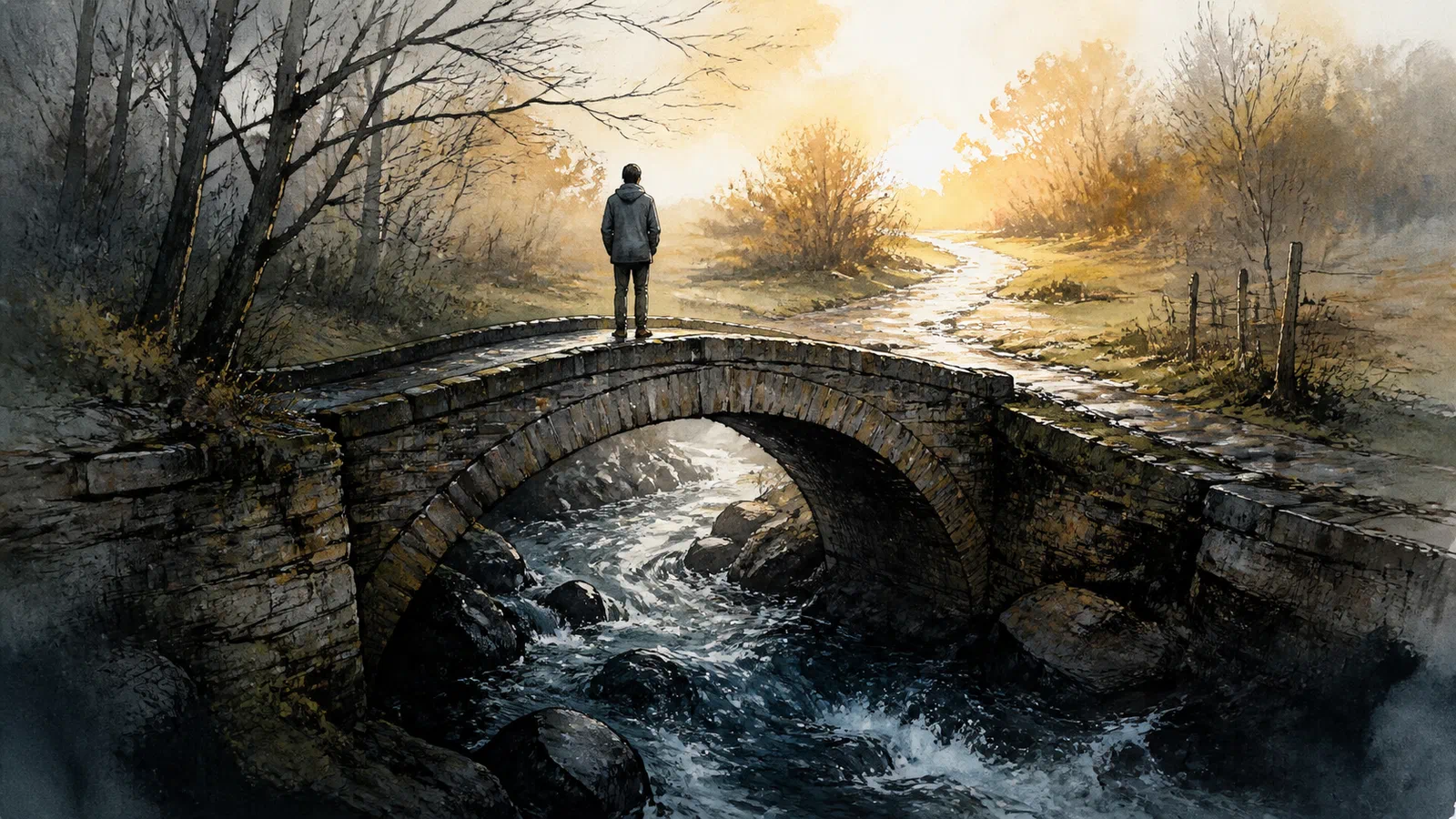 An anonymous person stands calmly on a stone bridge above dark rushing water as warm morning light opens across the far path.